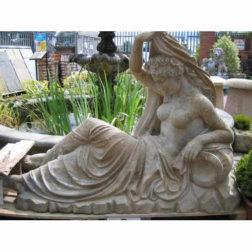 Reclining Lady Natural Aged Sandstone Garden Statue - 1400mm Wide x 1150mm High
